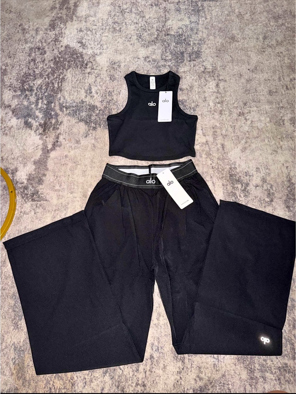 ALO Yoga Black Ribbed Crop Tank and Wide Leg Pants Set
